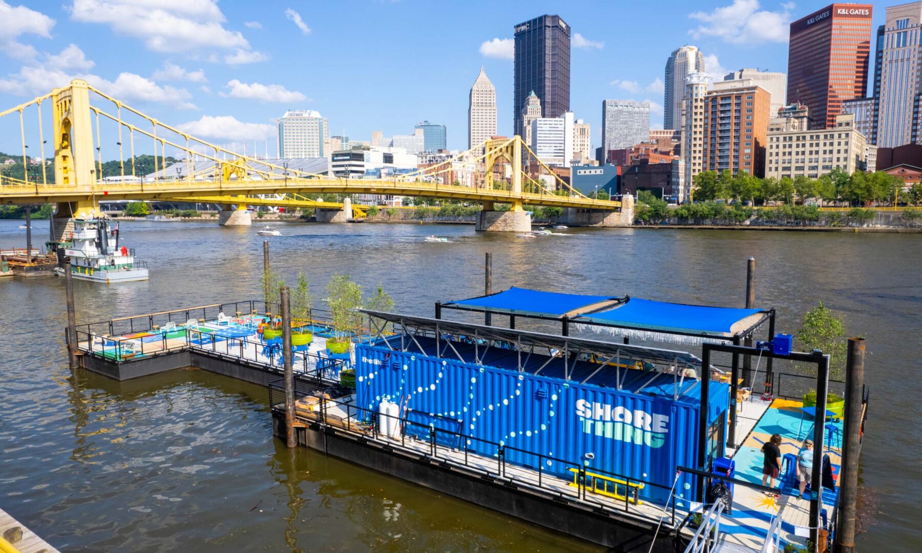 aerial photo of Shore Thing area with Pittsburgh skyline in the background