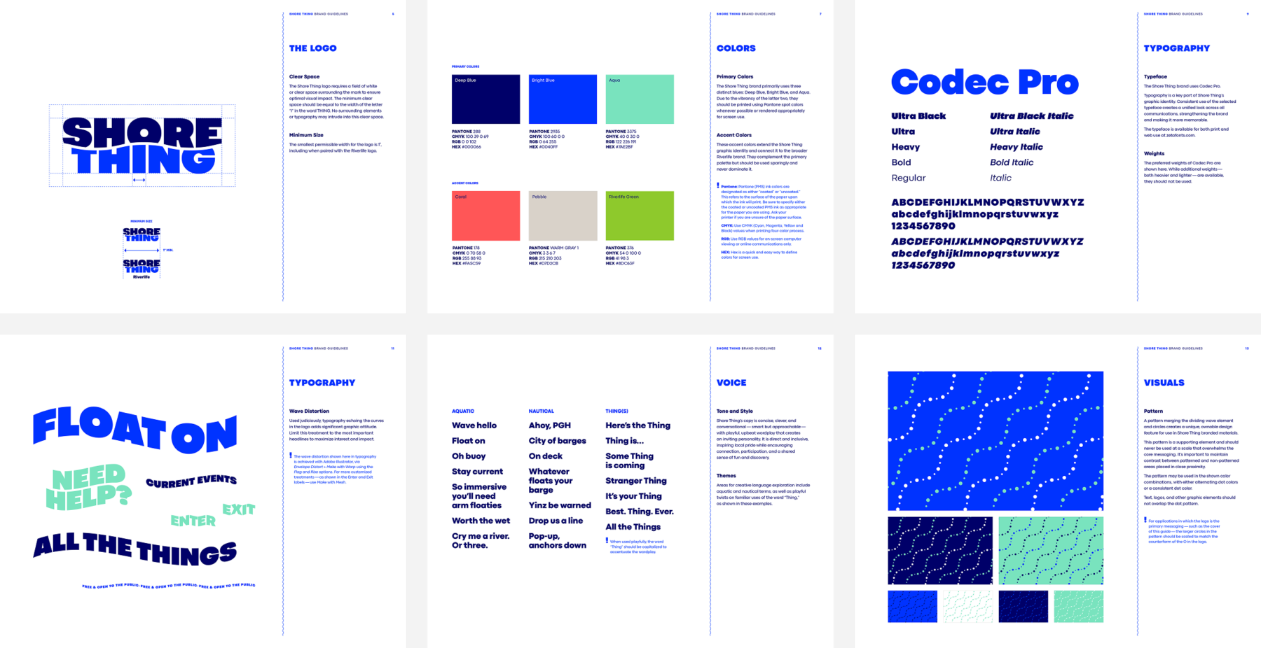 Shore Thing brand guidelines pages, showing the logo, color, typography, voice and pattern.