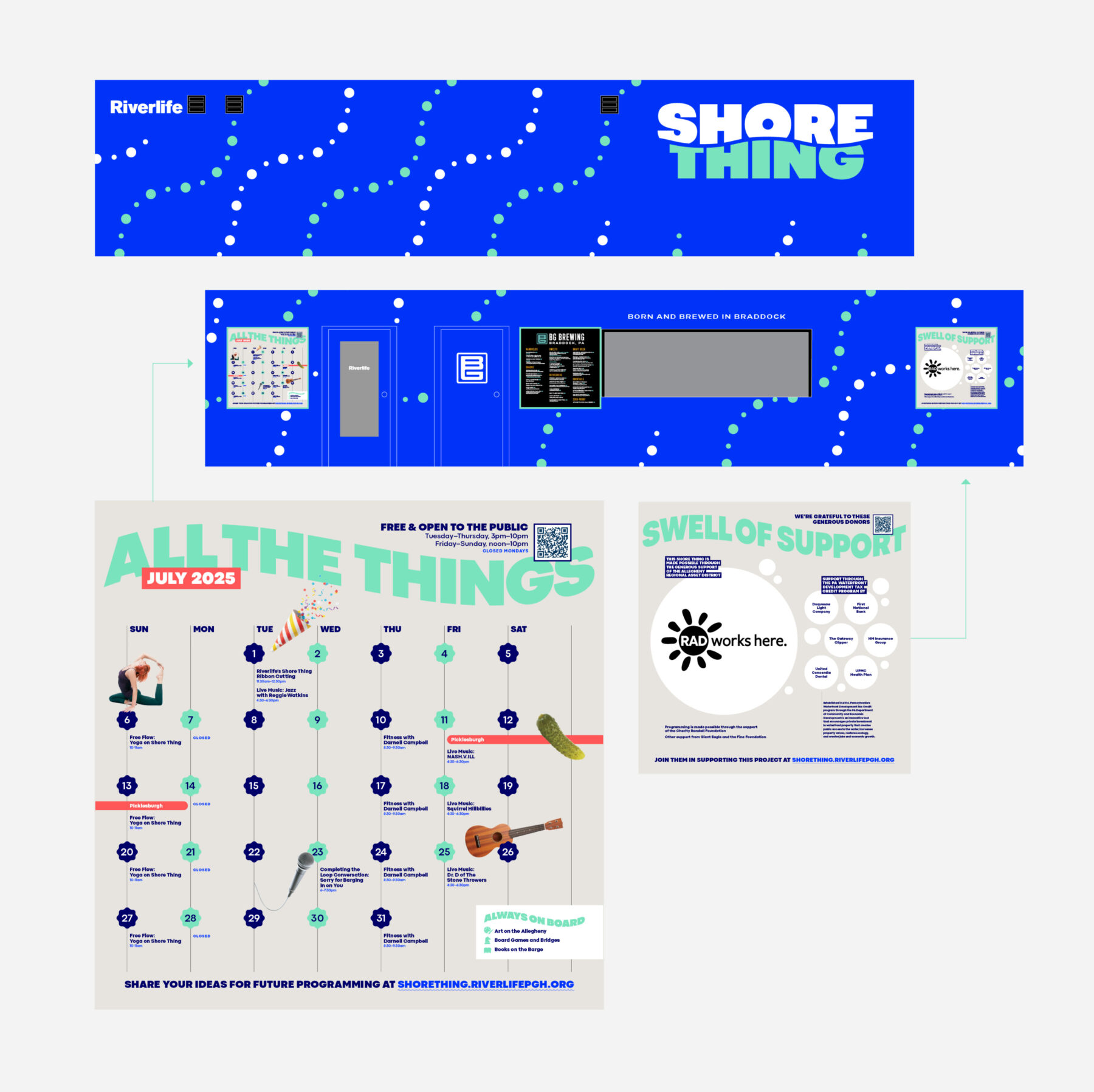 Shore Thing signage, including the shipping container, schedule, and donor area