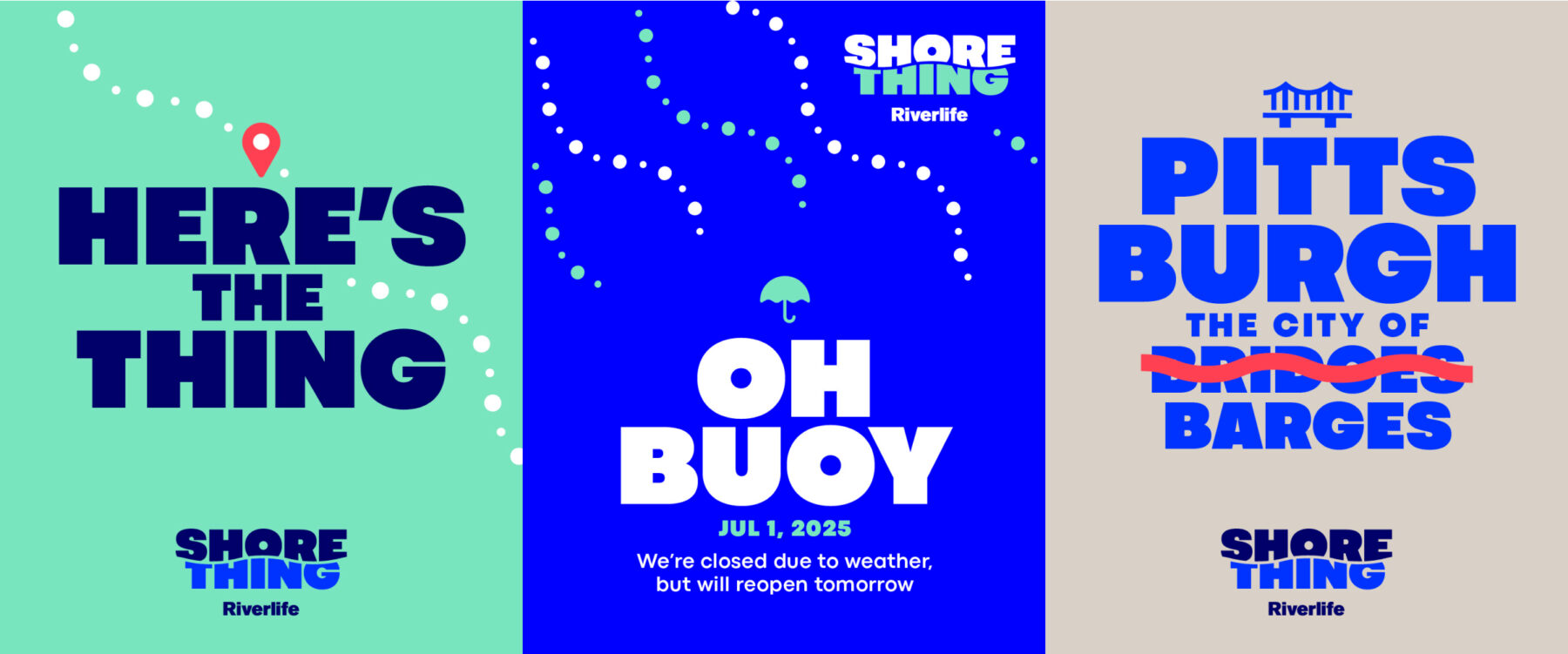 Shore Thing social posts, including Here's the Thing, Oh Buoy rain delay, and Pittsburgh City of Barges