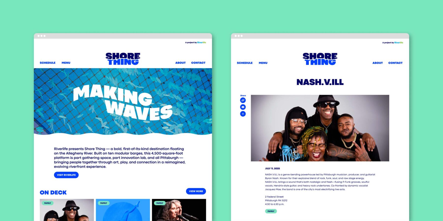 Shore Thing website, showing the homepage and an event listing for a musical act